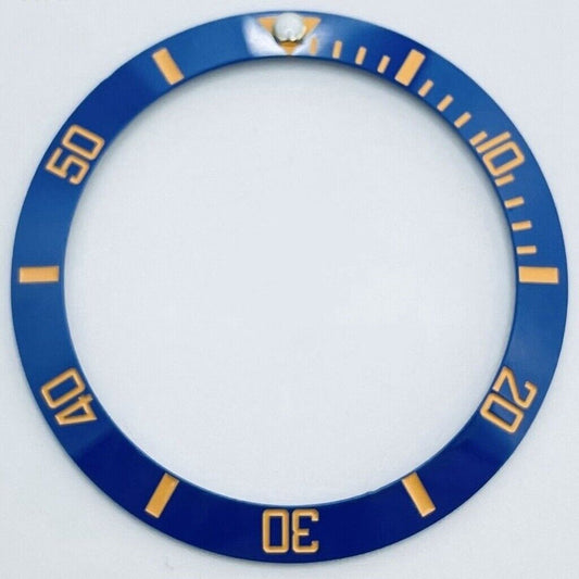 38mm blue ceramic GMT bezel with golden font, compatible with 40mm watch cases, for precise time tracking.