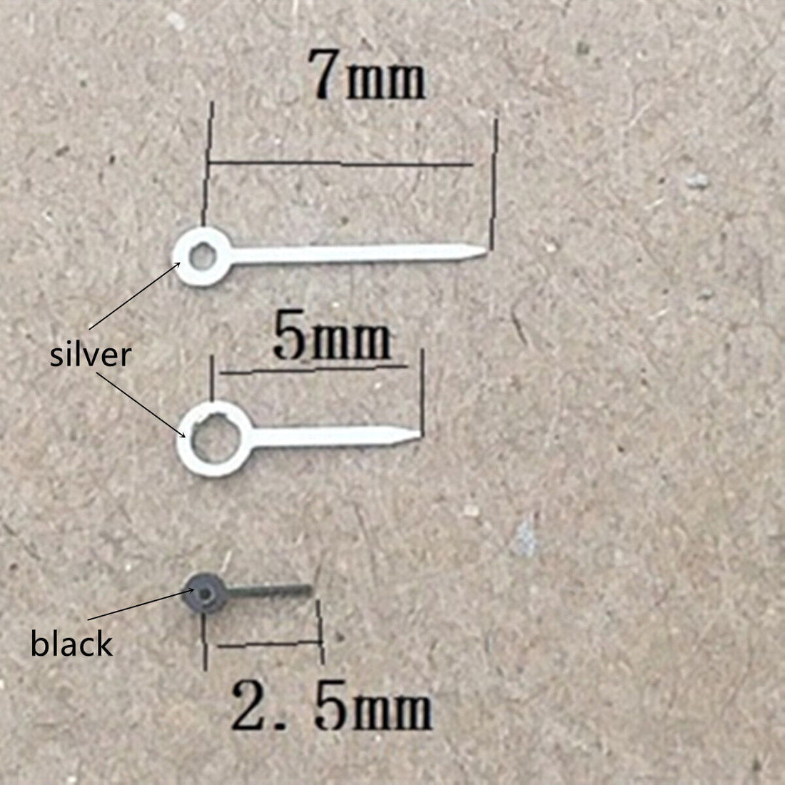 7mm silver and black arrow-shaped watch hands for Miyota 1L45 quartz movement, precise accessory.