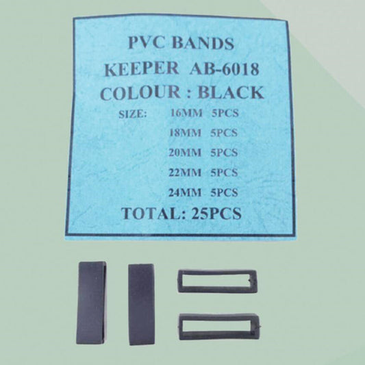 1. Set of 25 black PVC watch band keepers in 5 sizes (16-24mm) for secure watch strap hold.  