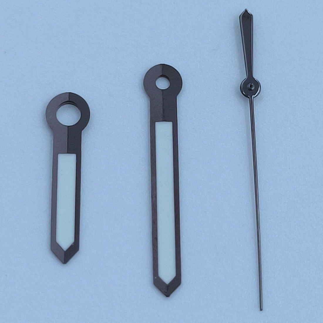 Polished black trim green lume watch hands, 13mm for NH35 NH36 movements, high-quality finish.