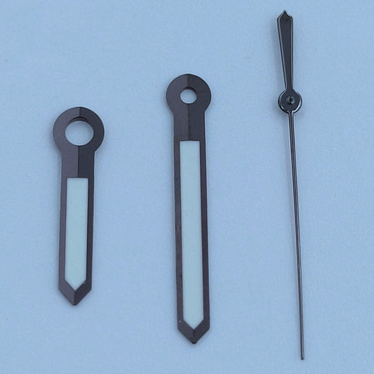 Polished black trim green lume watch hands, 13mm for NH35 NH36 movements, high-quality finish.