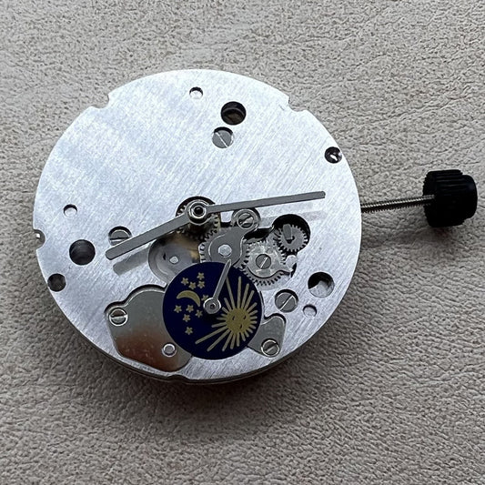 Modified Dandong 2824 automatic watch with moon phase at 6 o?clock, sleek mechanical movement design.