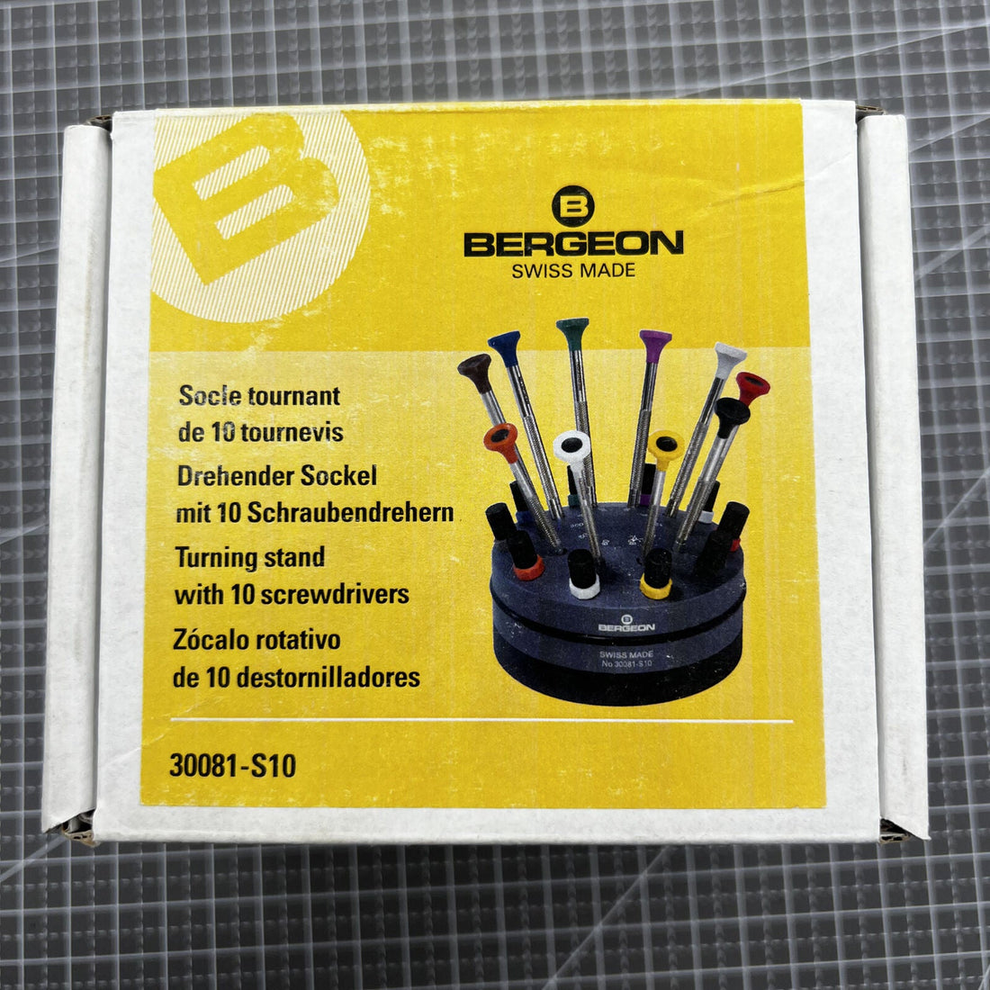 Swiss Bergeon 30081-S10 ergonomic screwdriver set with rotating stand for precise watch accessory repairs.