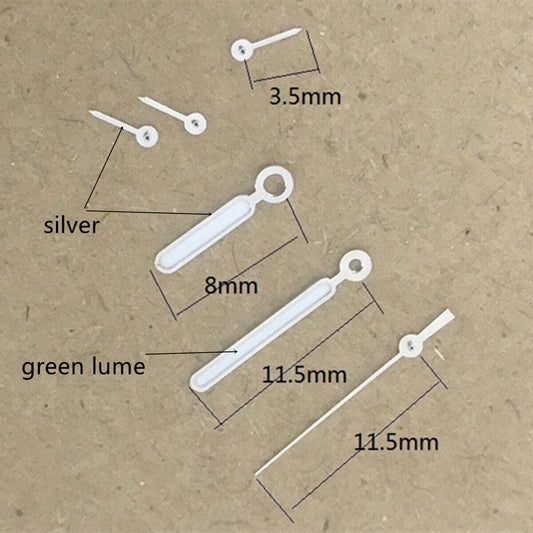 Silver-trimmed green lume watch hands for VD53, VD54, VD57 movements by Round Pointed.