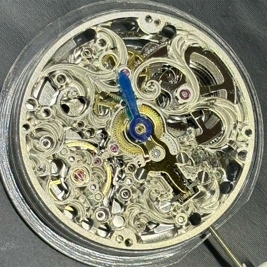 Silver carved hollow watch accessory featuring automatic mechanical 7750 movement, crafted in China for precision and style.