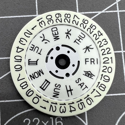 Seiko NH36 movement green lume white date and week wheel for watch repair and customization.