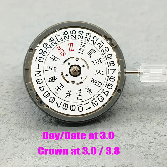 Japan Made NH36 automatic watch movement with date dial and crown positioned at 3.8, precision by Seiko.