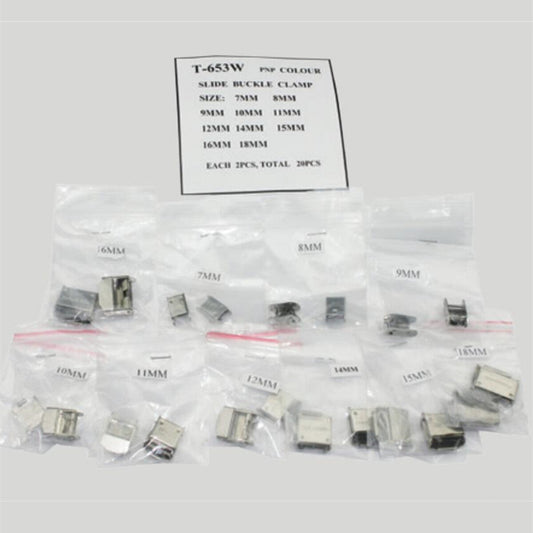1. Set of 20 silver slide watch buckles in 7-18mm sizes for watch strap adjustments.  