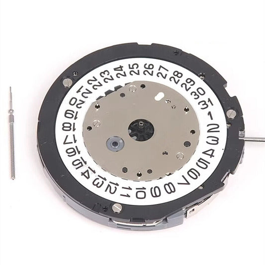 Miyota 6S30 quartz watch movement showing date at 4 o'clock and small seconds at 2, 6, and 10 positions