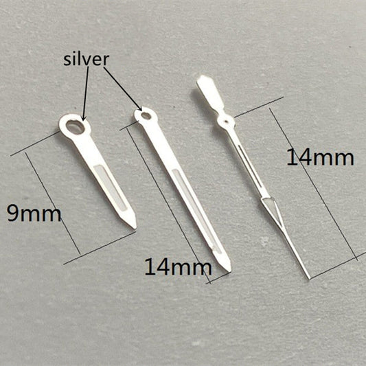 14mm silver trim watch hands with green lume for Ronda 515 quartz, enhancing visibility and style.