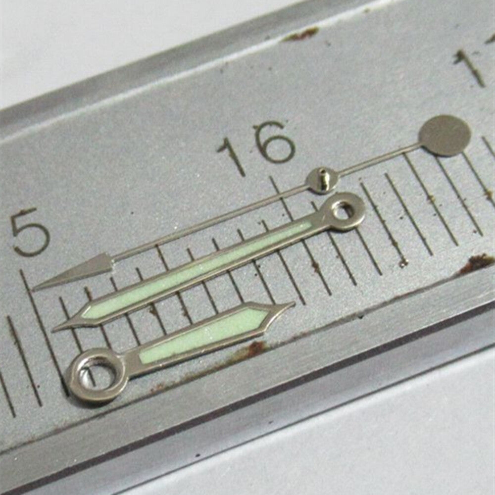 Green luminous watch hands with silver trim for Miyota 2035 2115 2105 2305 2315 movements.