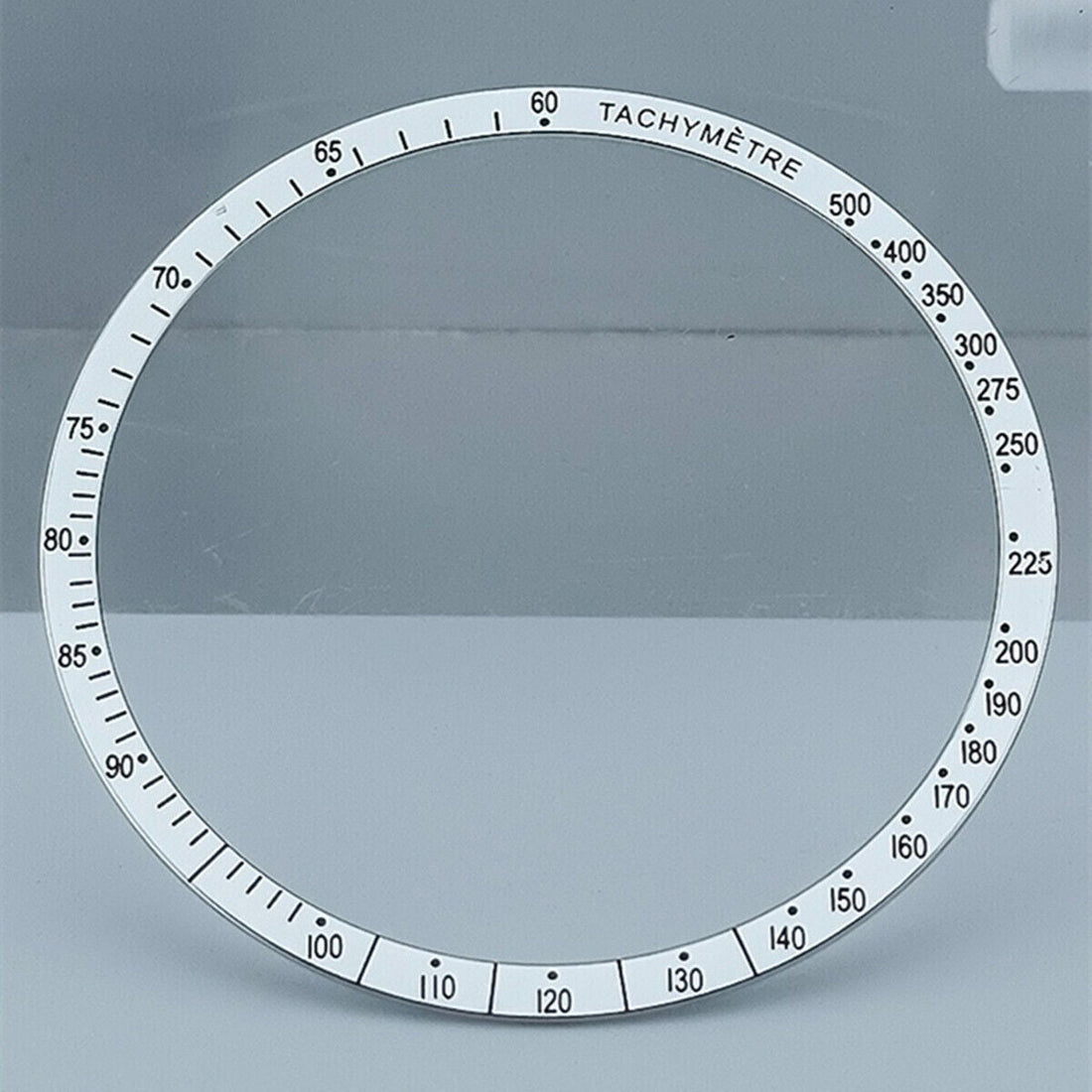 38.5mm white aluminum alloy watch bezel with black font, compatible with Omega Speedmaster models.