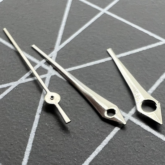 Silver pointed watch hands set compatible with Miyota 2035, 2115, 2105, 2305, 2315 movements.