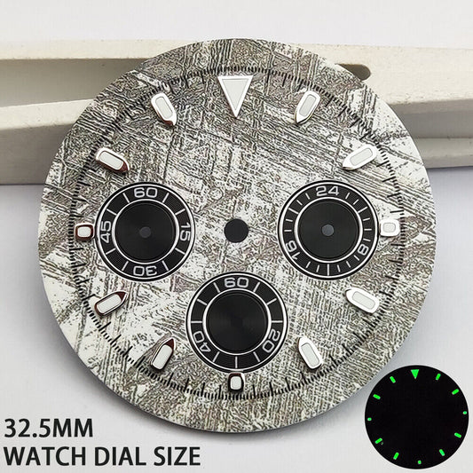 Green lume 32.5mm Grey Rock Style Matted watch dial for VK63 quartz movement, sporty design.