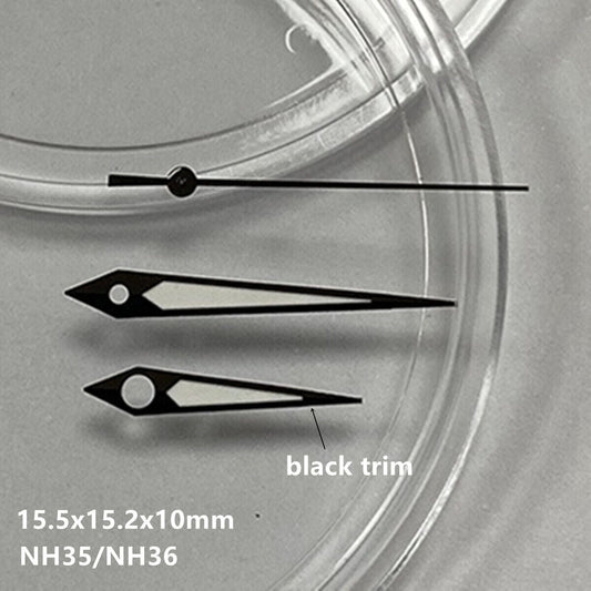 15.5mm black trim green luminous watch hands for NH35 NH36 movement, precise fit.