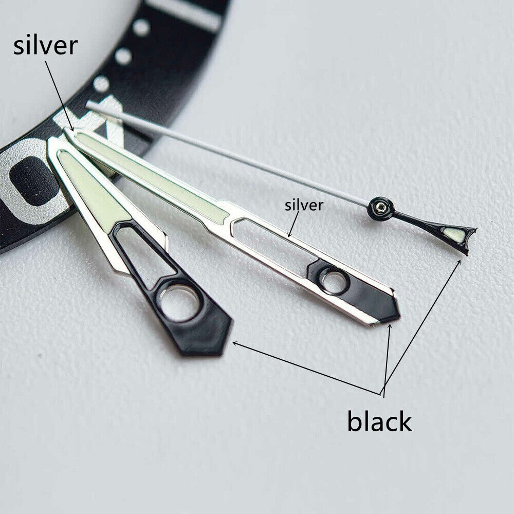 13mm silver and black trim hollow watch hands with green lume for NH35 NH36 movements.