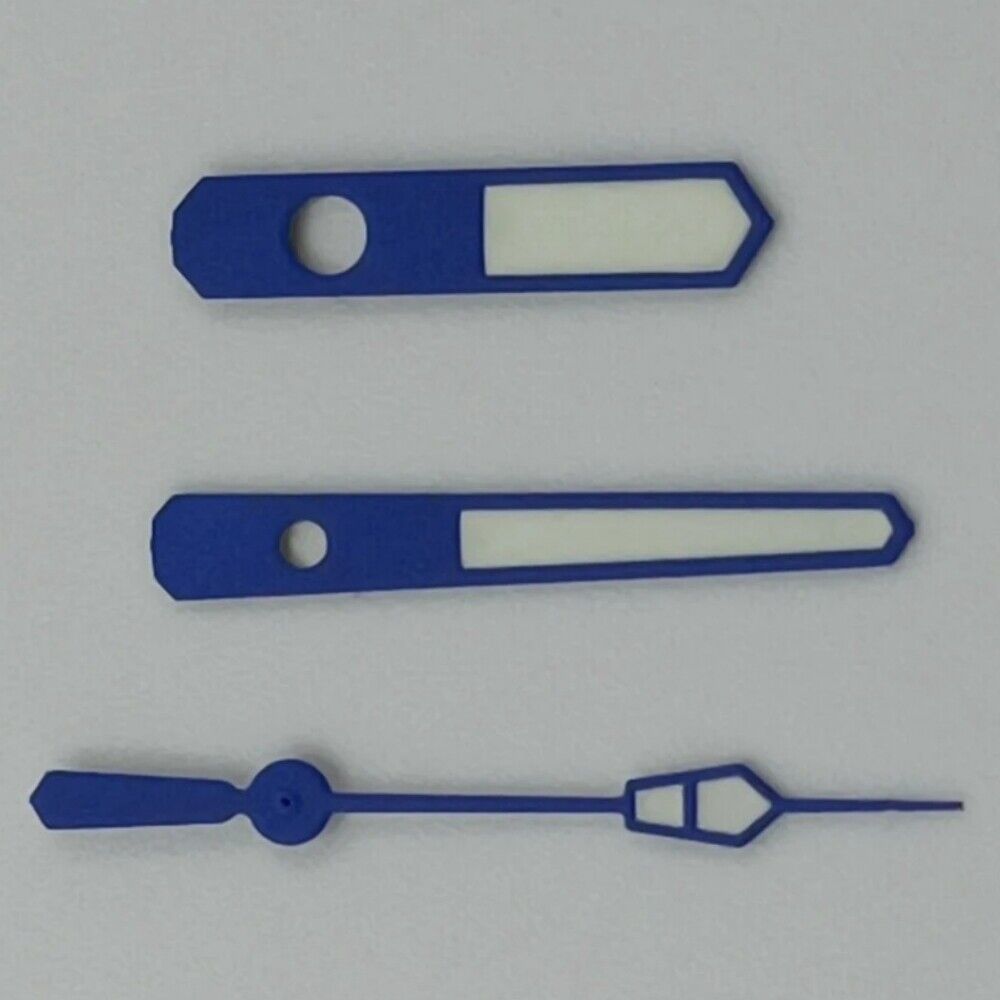 Blue trim white painted watch hands with green lume for NH35 NH36 7S26 7S36 movements.