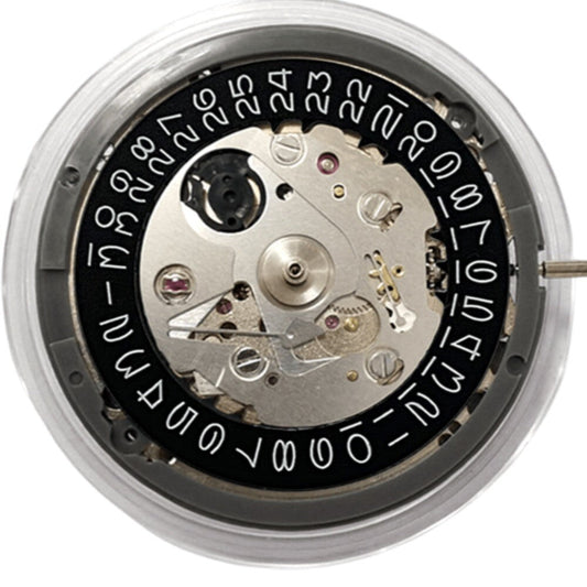 Vintage Japan NH35 automatic watch movement with black date wheel and 24 jewels for precise timekeeping.