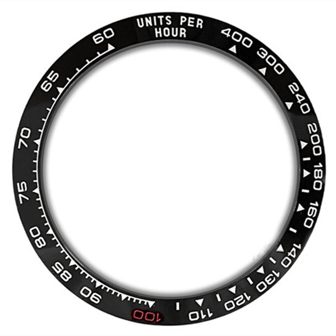 Ceramic black Daytona watch bezel with white and red 100 font, enhancing sporty design.
