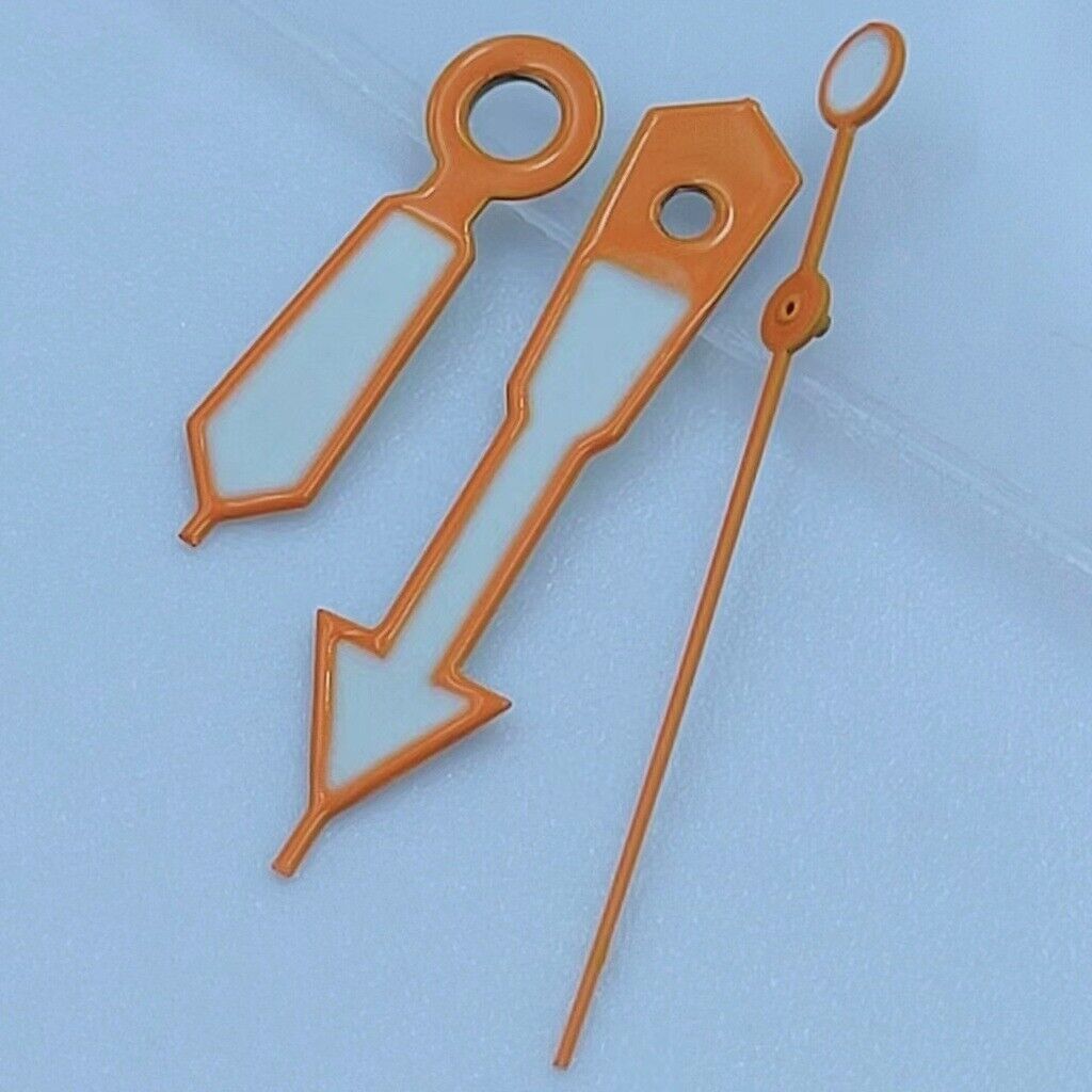 Orange-trimmed white painted watch hands with green lume for NH35 NH36 7S26 7S36 movements,.