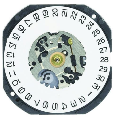 Hattori Epson TMI VX32 quartz watch movement showing date window at 3 and 6 o'clock, Japan made.
