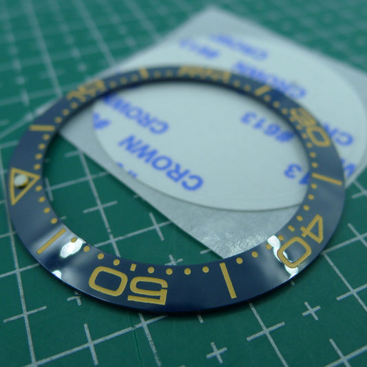 Wholesale 41.5mm/32.5mm Sky Blue ceramic watch bezel insert with yellow font for watch accessories.