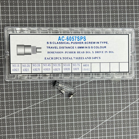 Set of 14 stainless steel watch pushers, 7 sizes, silver classic design for precise timepiece repairs.