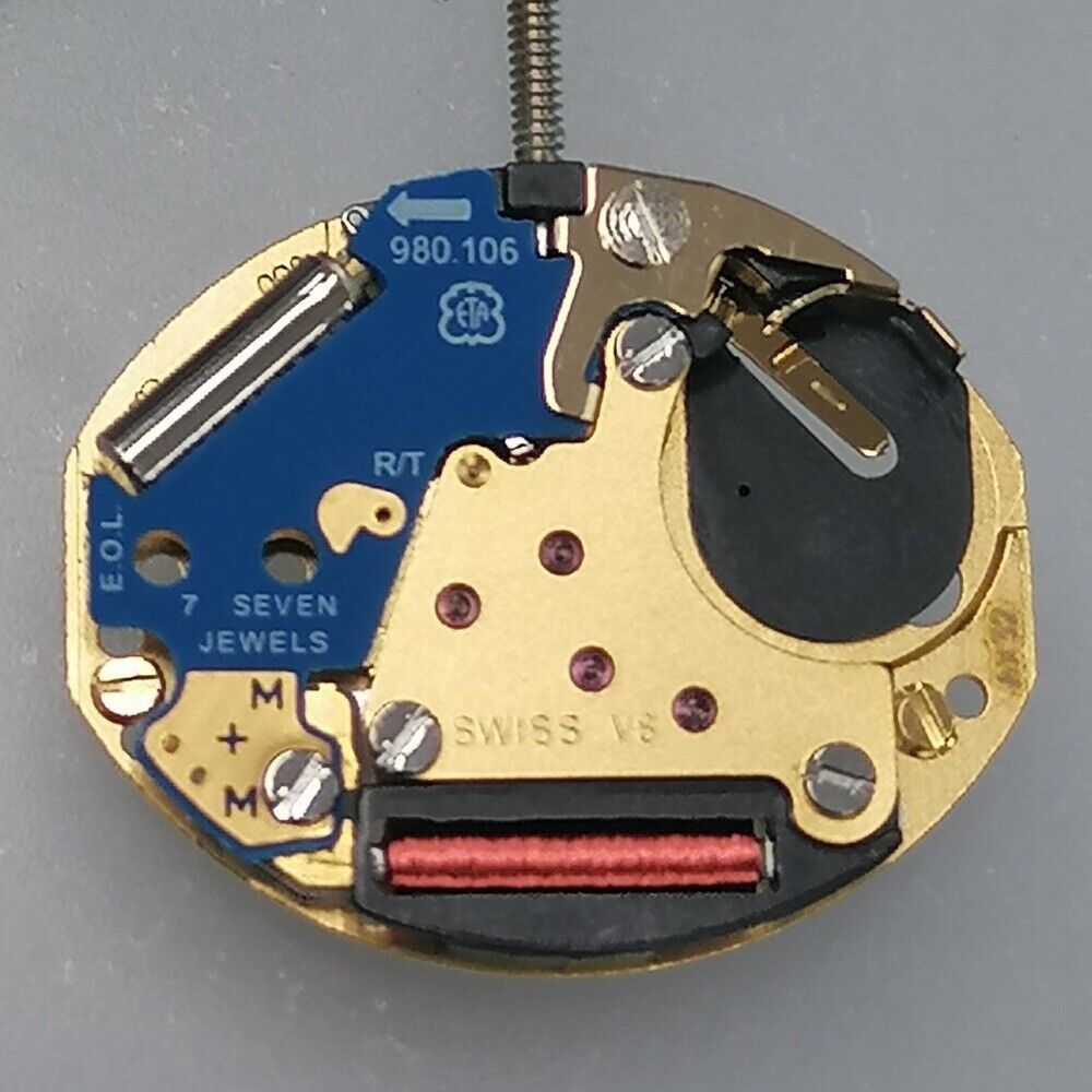 Swiss Made ETA980.106 quartz watch part with three hands, ideal for precise timekeeping in watch repairs.