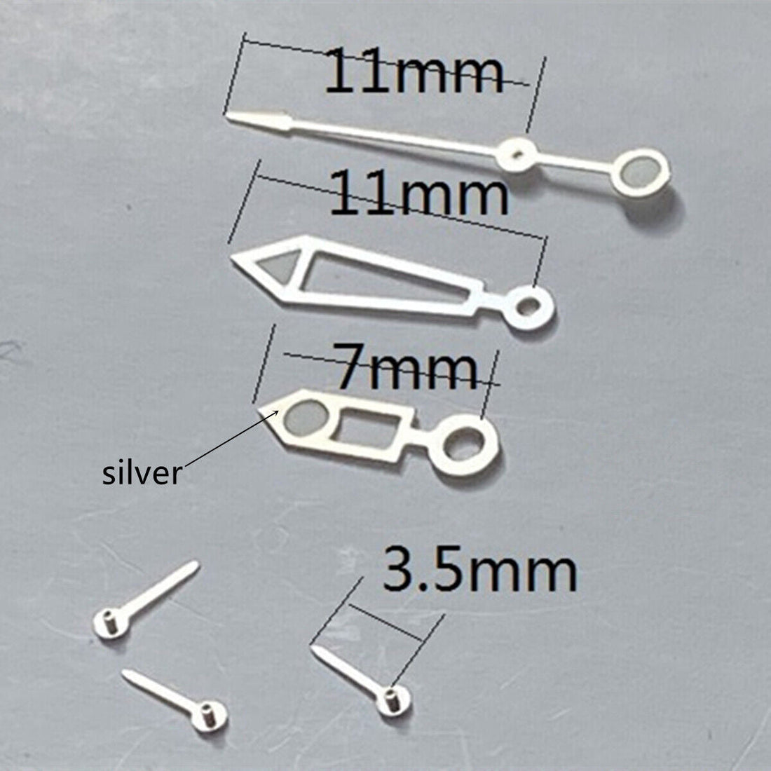 11mm silver trim lume hollow watch hands for Miyota OS series with luminous tips, precise fit.