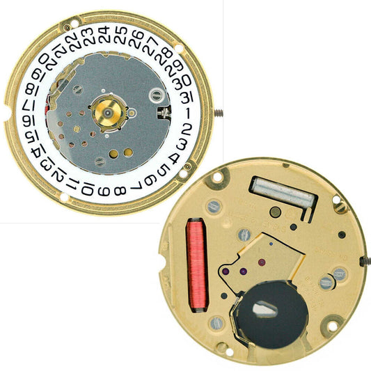 ETA F04.111 quartz watch movement with 3 hands and date at 3 o'clock, precise timekeeping by ETA.
