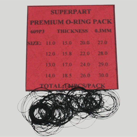 Set of 144 waterproof O ring gaskets in 16 sizes, 0.3mm thickness, for watch back seals, brand-quality pack.