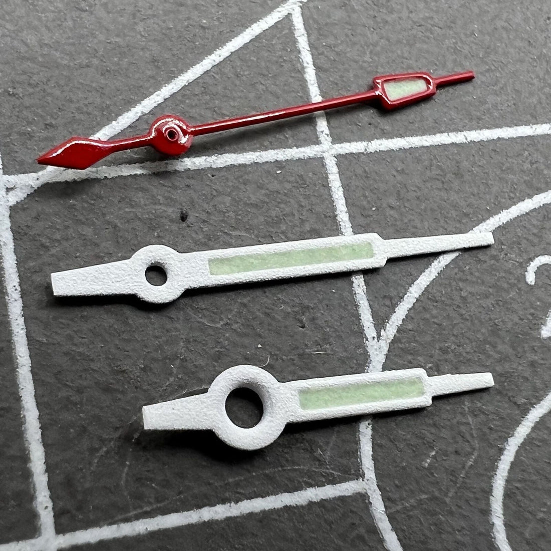 White trim green lume watch hands for Hattori Epson PC32 quartz movement, precise and durable design.