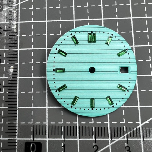 29.8mm light green watch dial with imitation gemstone for NH35 movement, stylish accessory.