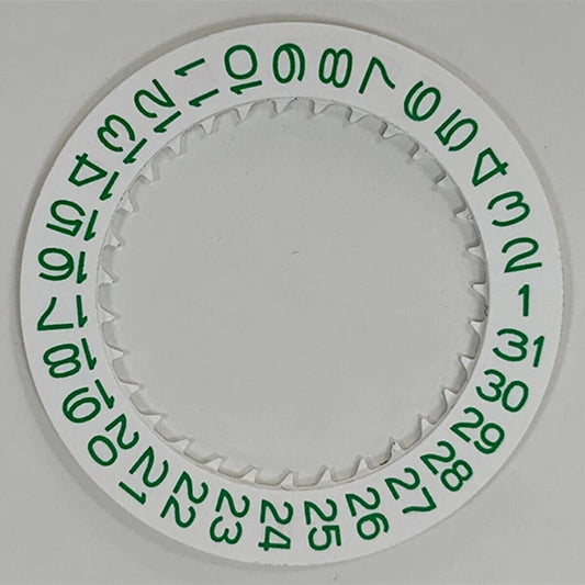 Green date disk wheel with white background for NH35 watch movement, enhancing date display accuracy.