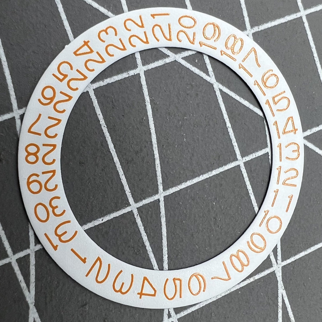 Orange date disk wheel on white background for Miyota NH35 NH36 watches, date displayed at 3 o'clock.
