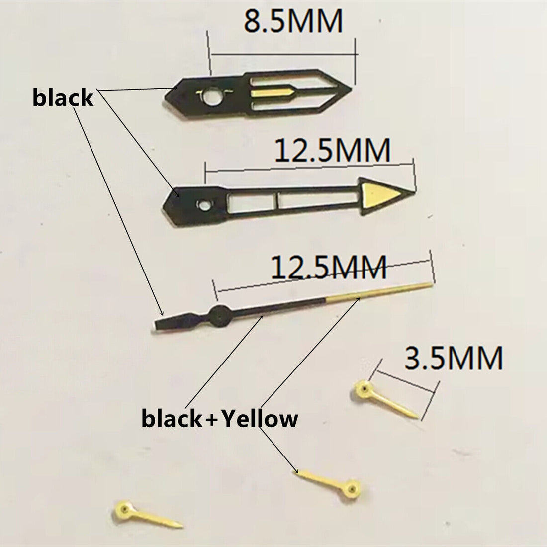13mm yellow and black trim watch hands with green lume for PE90 movement, durable and precise Watch Part.