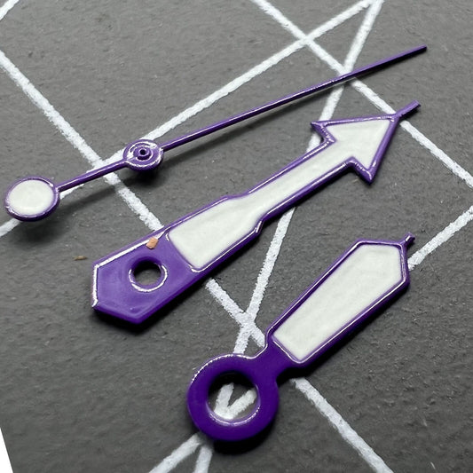 12.5mm white painted watch hands with purple trim and green lume for NH35 NH36 7S26 movements.