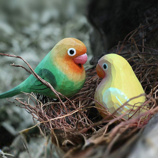 Handmade wooden Agapornis Fischeri figurine in green and yellow, decorative bird sculpture.