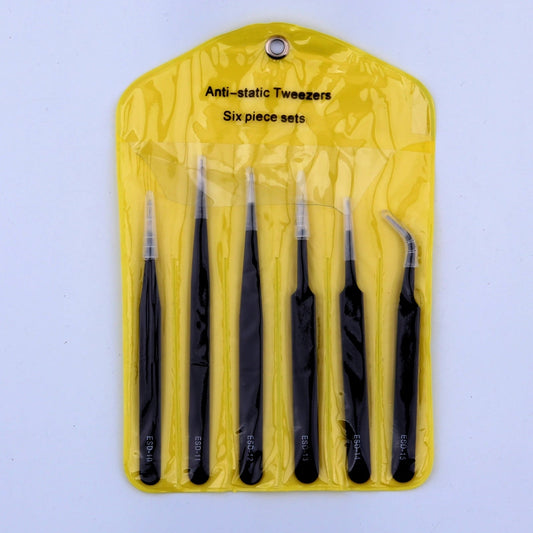 Set of 6 anti-static stainless steel black plating tweezers in PVC bag for watch and jewelry repair.
