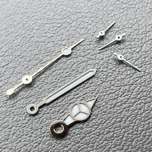 Set of 2 Weiss watch hands with silver edges, green luminous tips for VD53, VD54, VD57 movements by Weiss