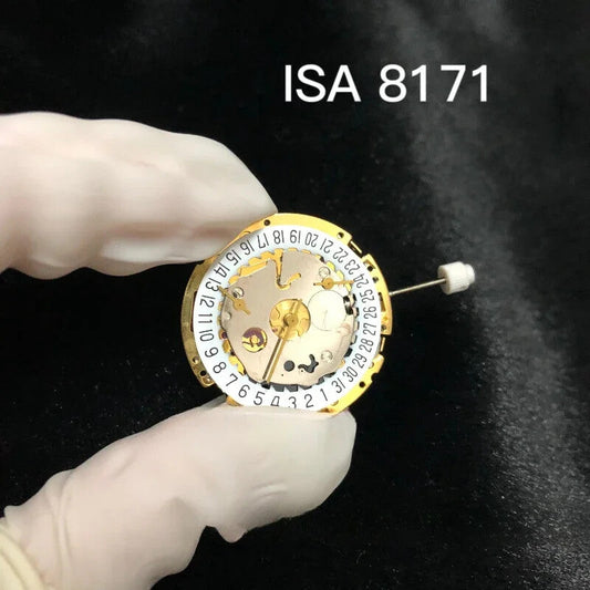 Swiss Made ISA 8171 quartz watch with date display at 4/6 and multifunctional features.