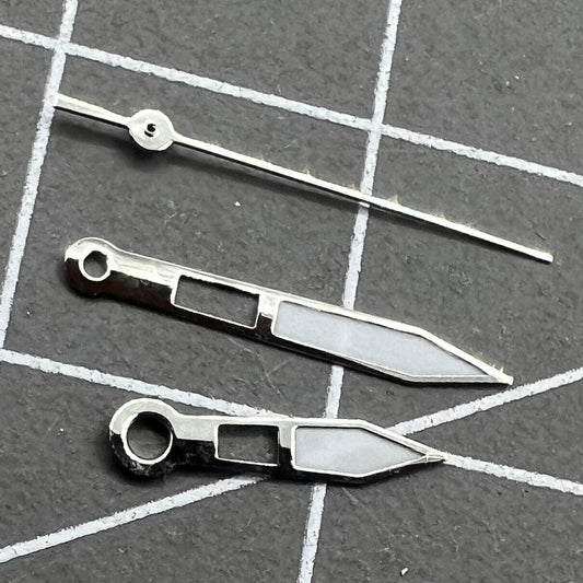 13mm silver trim watch hands with green lume for Miyota 2315-2305 models, enhancing visibility and style by BrandName.