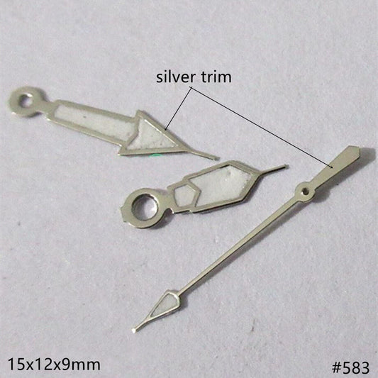 Green lume silver trim watch hands set compatible with Miyota 2035, 2115, 2105, 2305 movements.