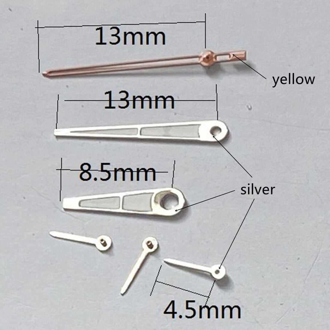 13mm silver and yellow trim lume watch hands for Miyota OS series, precise timekeeping accessory.