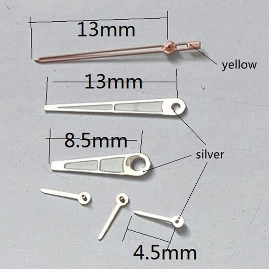13mm silver and yellow trim lume watch hands for Miyota OS series, precise timekeeping accessory.