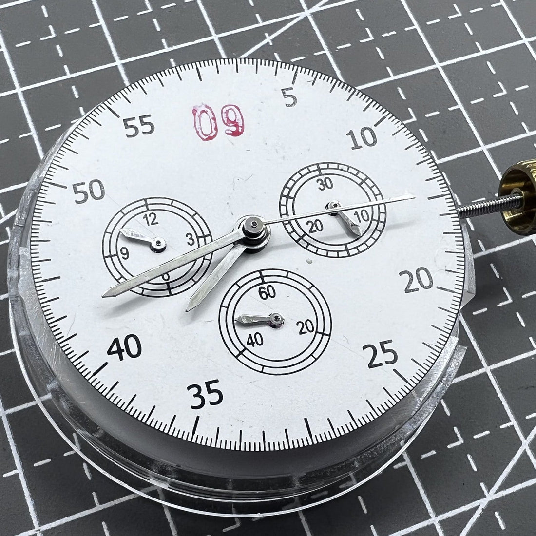 Swiss Made China 7750 automatic chronograph movement with ETA 7753 configuration, showing detailed 3, 6, and 9 o'clock subdials.