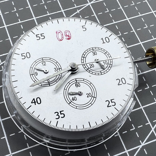Swiss Made China 7750 automatic chronograph movement with ETA 7753 configuration, showing detailed 3, 6, and 9 o'clock subdials.