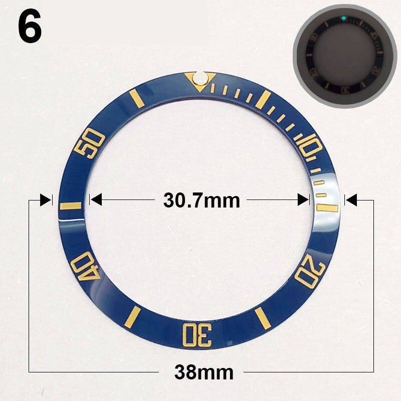Ceramic blue 38mm watch bezel with green luminous markers and gold font, watch part accessory.