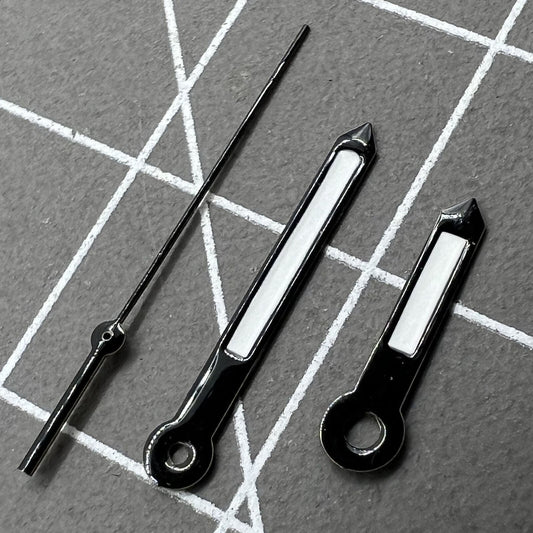 Black watch hands for quartz movement, compatible with Hattori Epson TMI VJ42, sleek design.