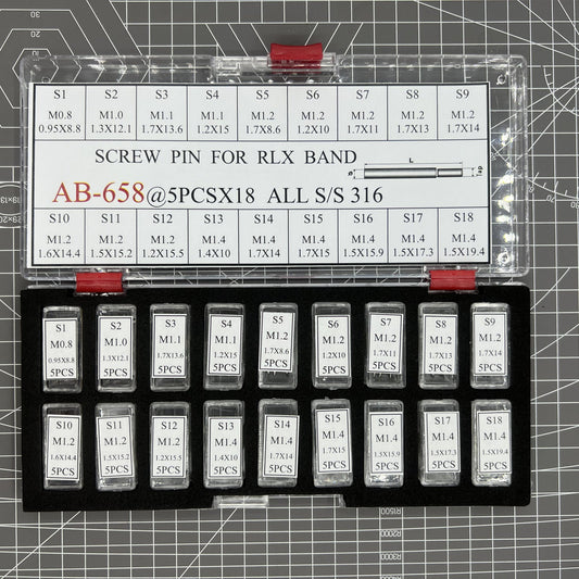 Set of 90 screw-type watch band links and pins by AB-658 for secure bracelet adjustments.